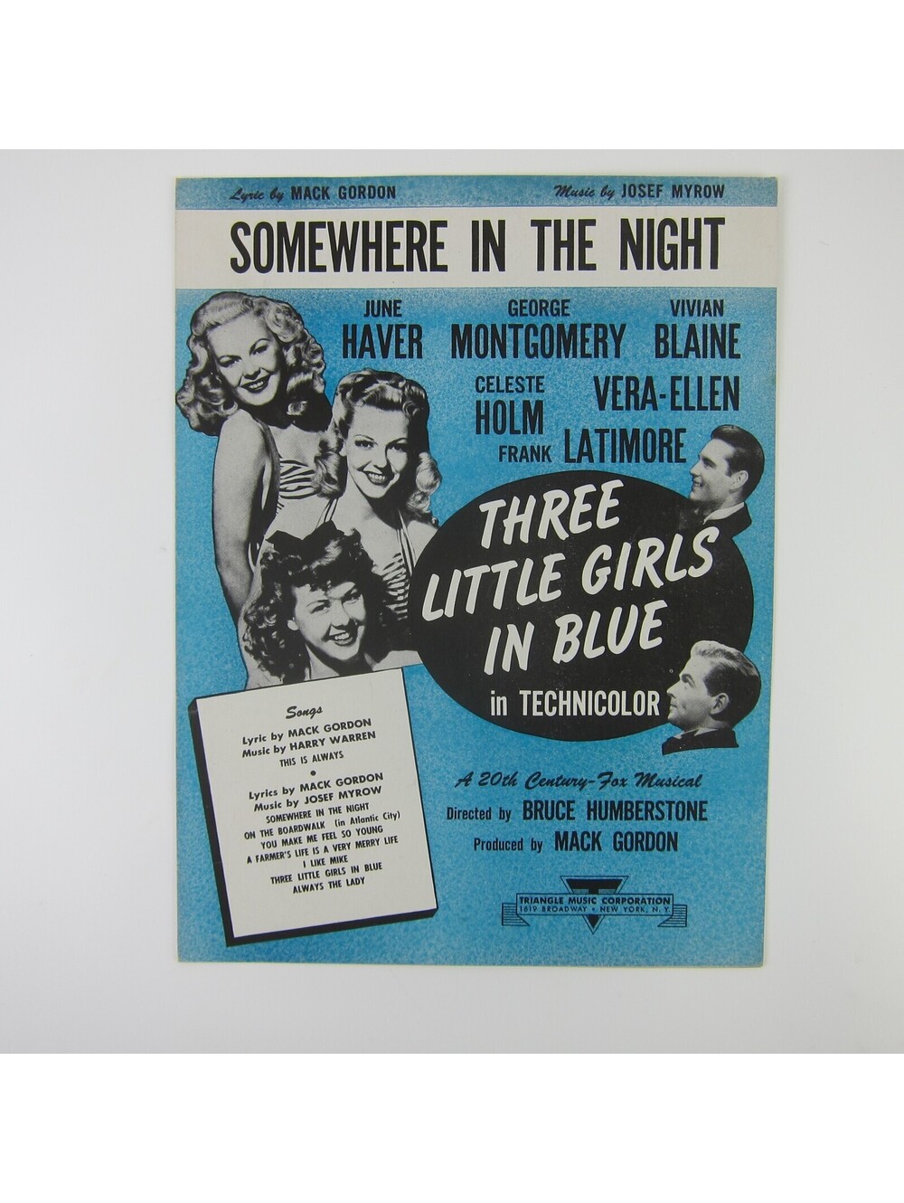 Sheet Music Somewhere in the Night Three Little Girls In Blue Film Vintage 1946